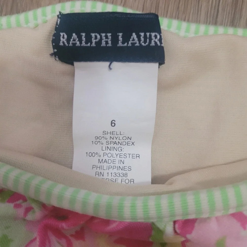 Ralph Lauren Girls Pink Green Floral Striped Ruffle Skirted Bikini Swimsuit 6‎